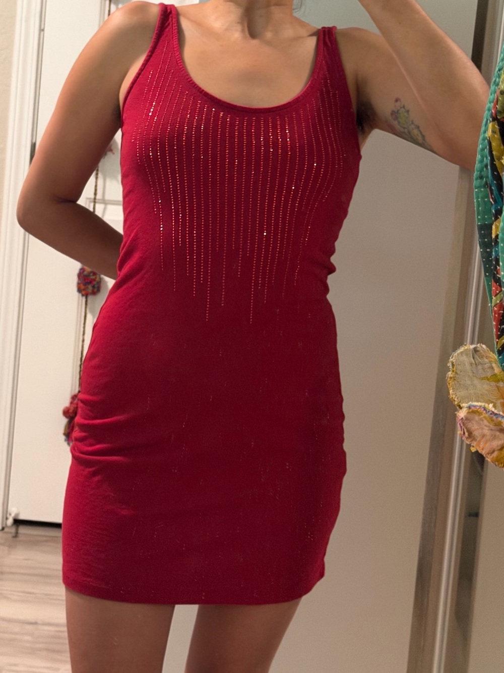 Women’s Red Tank Bodycon Dress with Rhinestone Detail